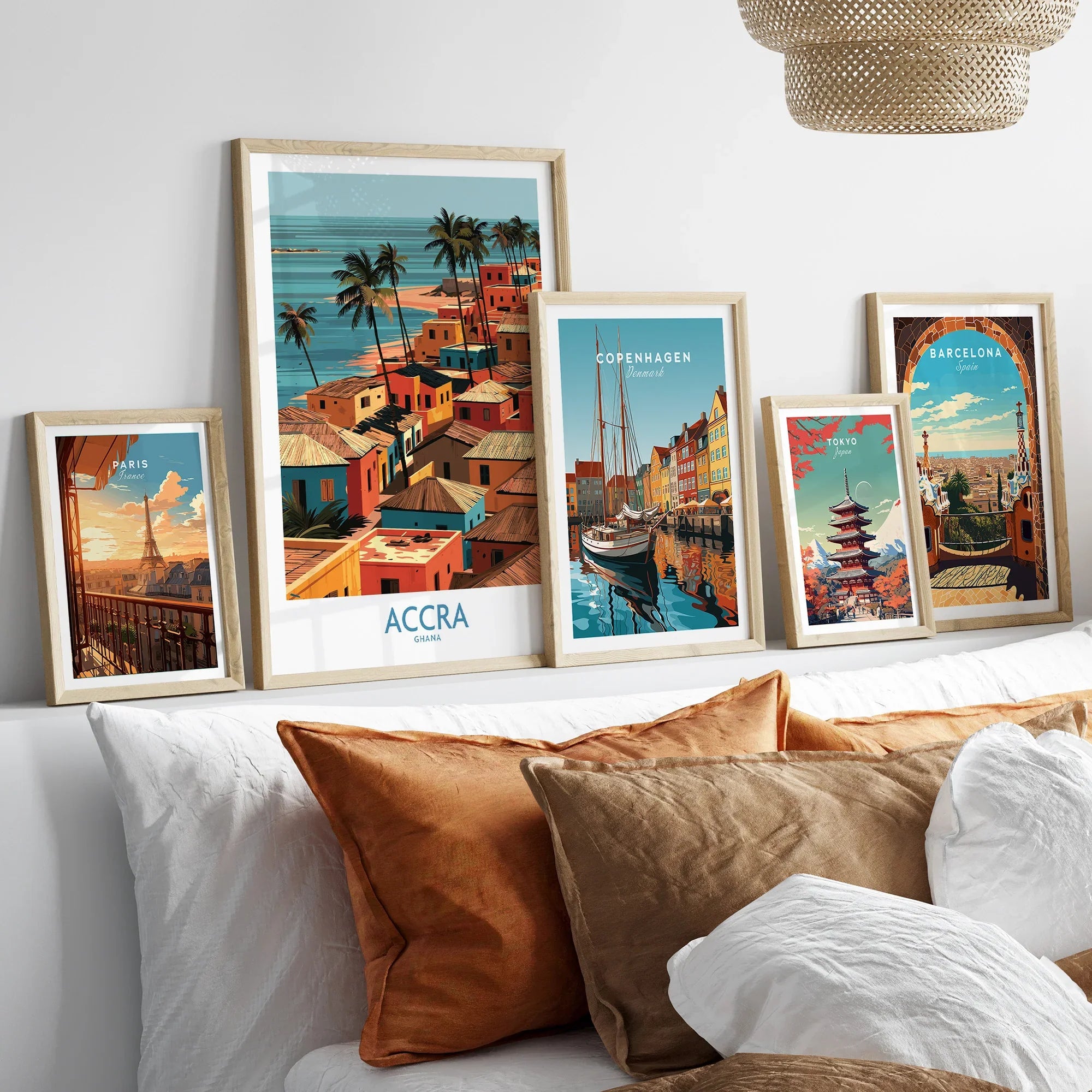 Accra Ghana Seaside Rooftops Wall Art — set five framed artprints above bed natural wood frames