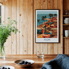 Accra Ghana Seaside Rooftops Wall Art — black framed art print kitchen setting