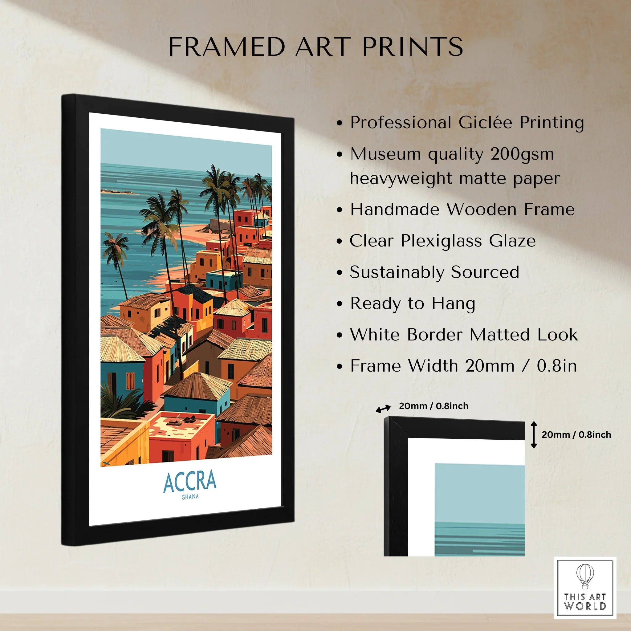 Accra Ghana Seaside Rooftops Wall Art — framed print details measurements quality details