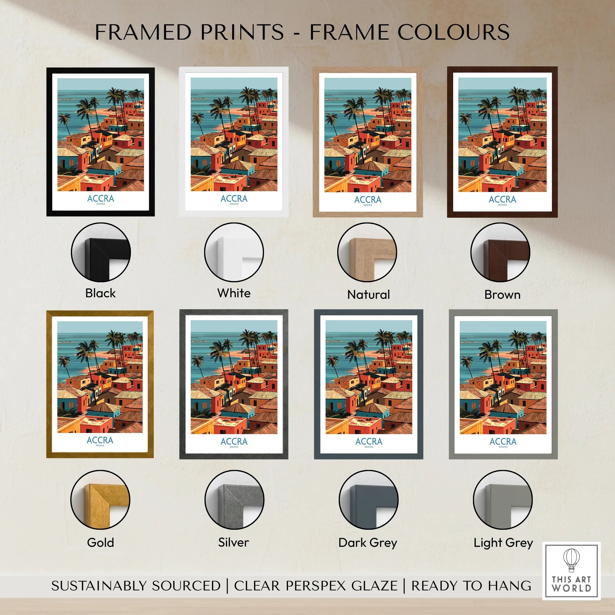 Accra Ghana Seaside Rooftops Wall Art — framed print colour options