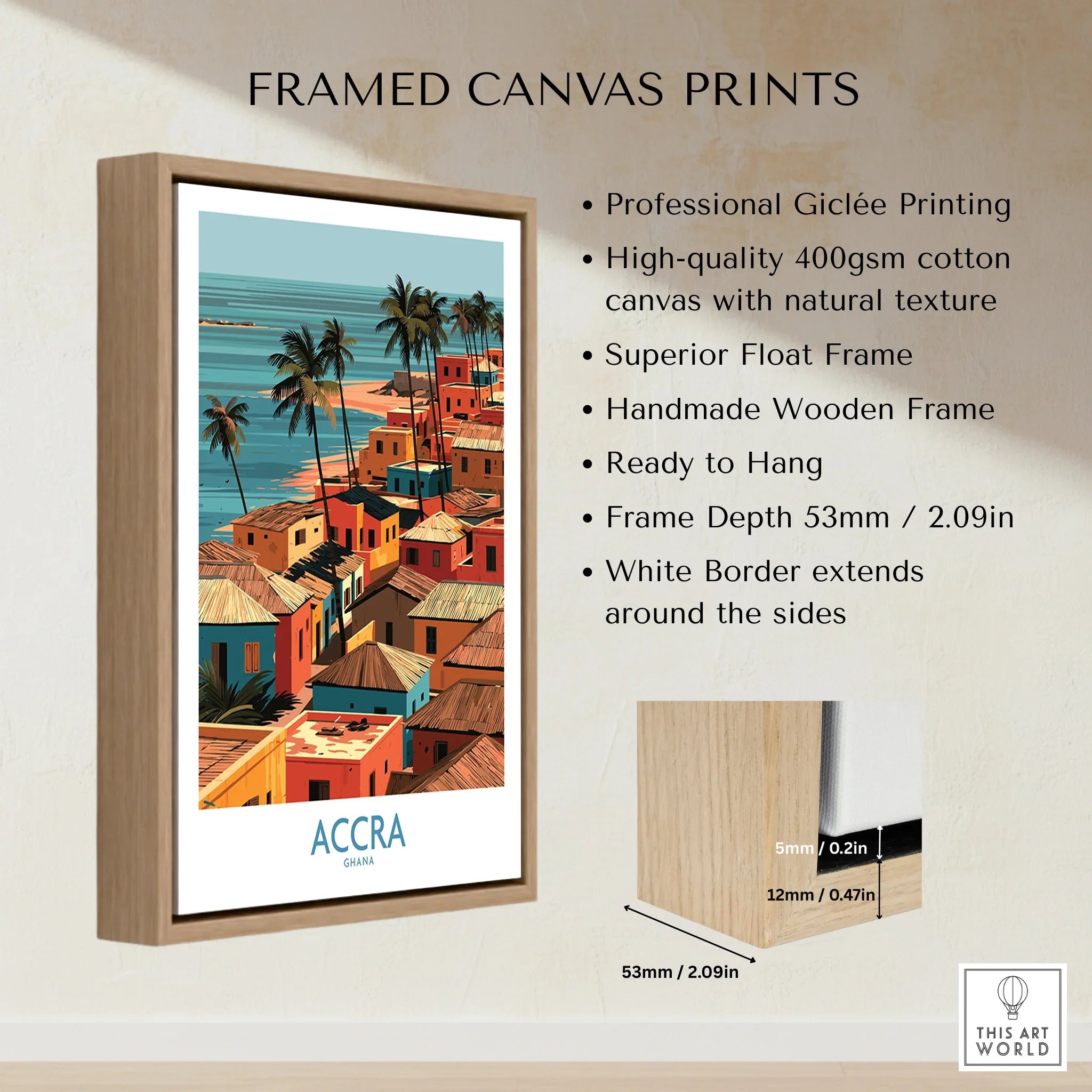 Accra Ghana Seaside Rooftops Wall Art — framed canvas float frame details quality