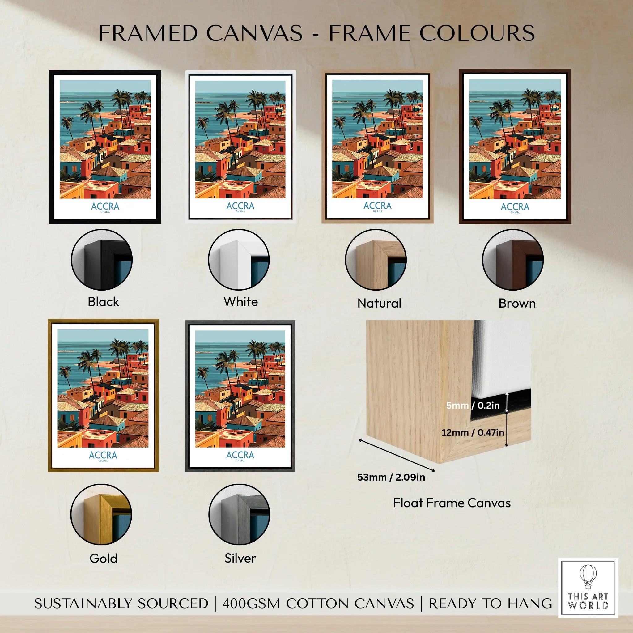Accra Ghana Seaside Rooftops Wall Art — framed canvas float frame colour options