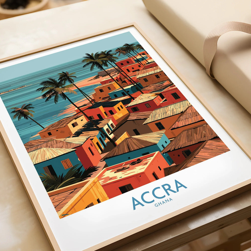 Accra Ghana Seaside Rooftops Wall Art — framed art print closeup gift unwrapped natural frame