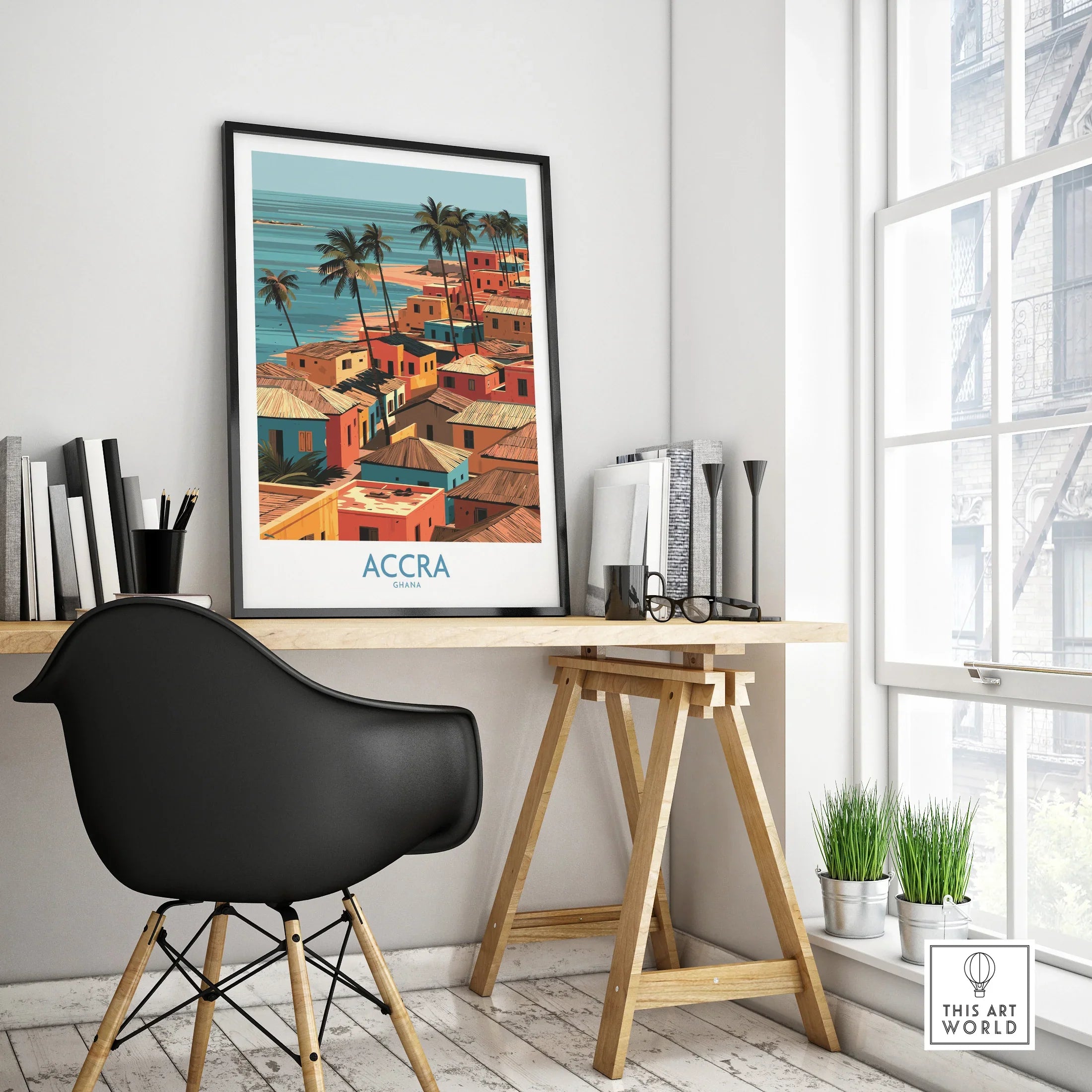 Accra Ghana Seaside Rooftops Wall Art — framed poster black frame on office desk modern