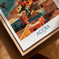 Accra Ghana Seaside Rooftops Wall Art — closeup framed canvas natural wood floating frame