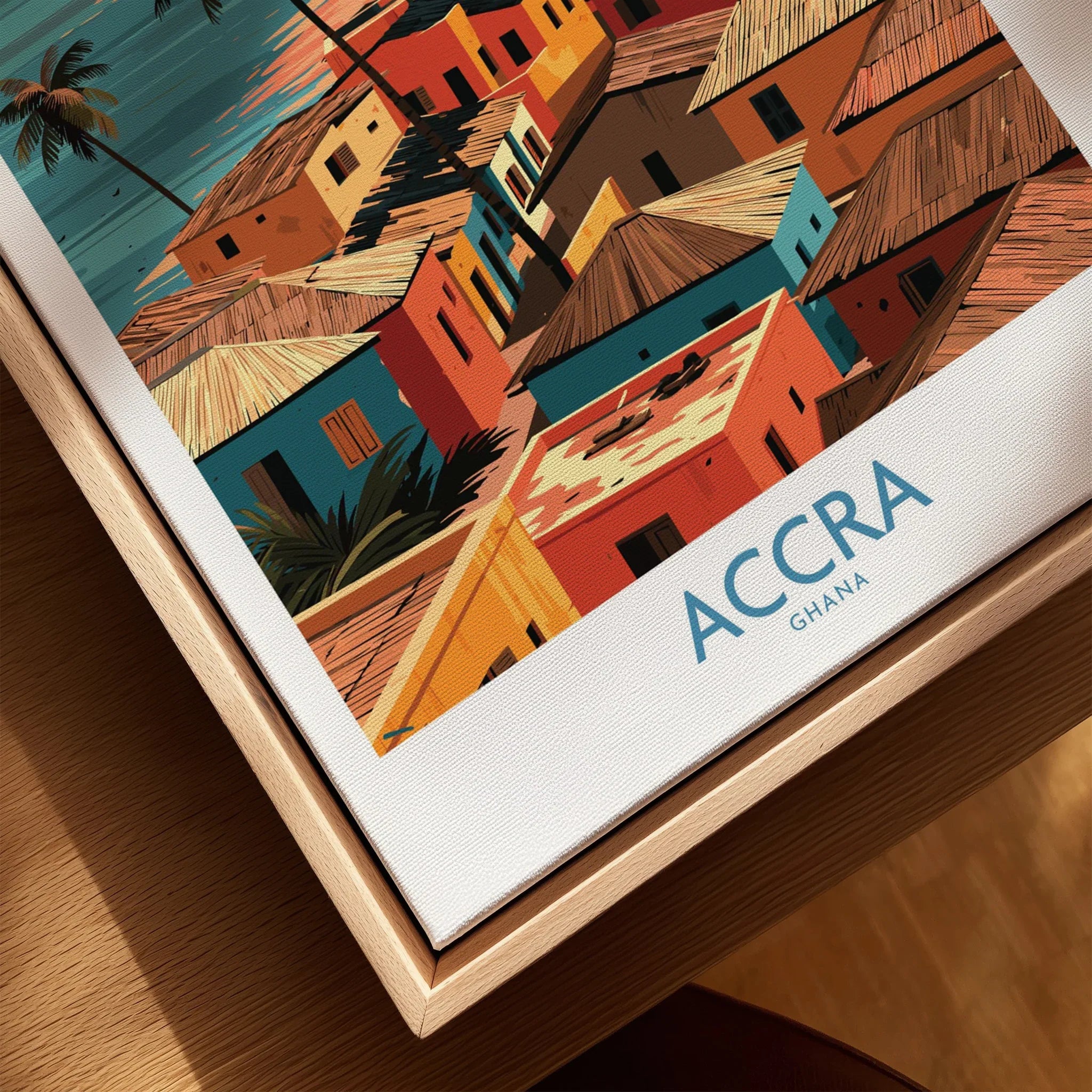 Accra Ghana Seaside Rooftops Wall Art — closeup framed canvas natural wood floating frame