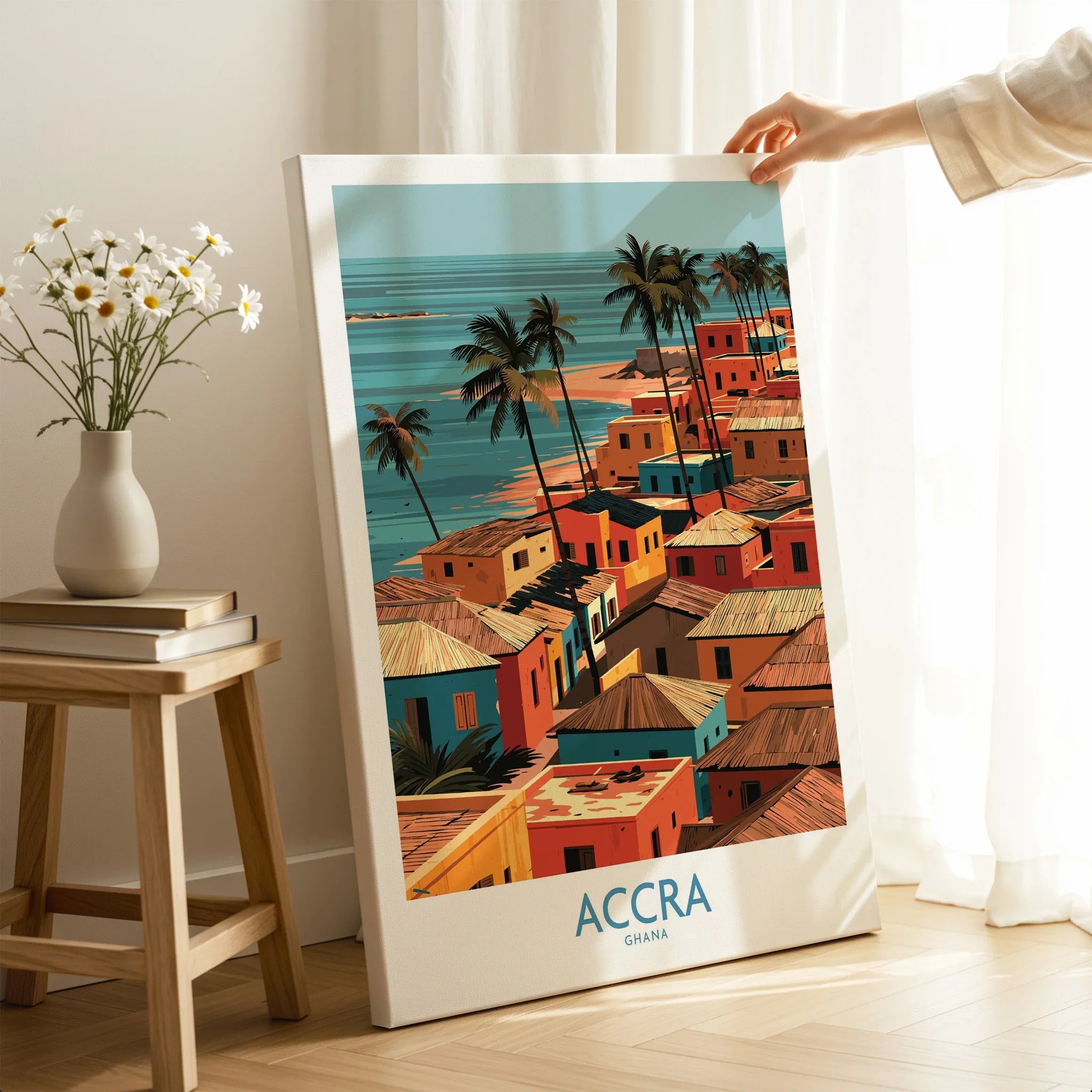 Accra Ghana Seaside Rooftops Wall Art — canvas print mirror edge hand holding room setting