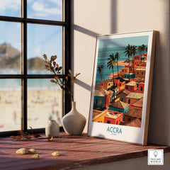 Accra Ghana Seaside Rooftops Wall Art — framed print window view natural wood frame