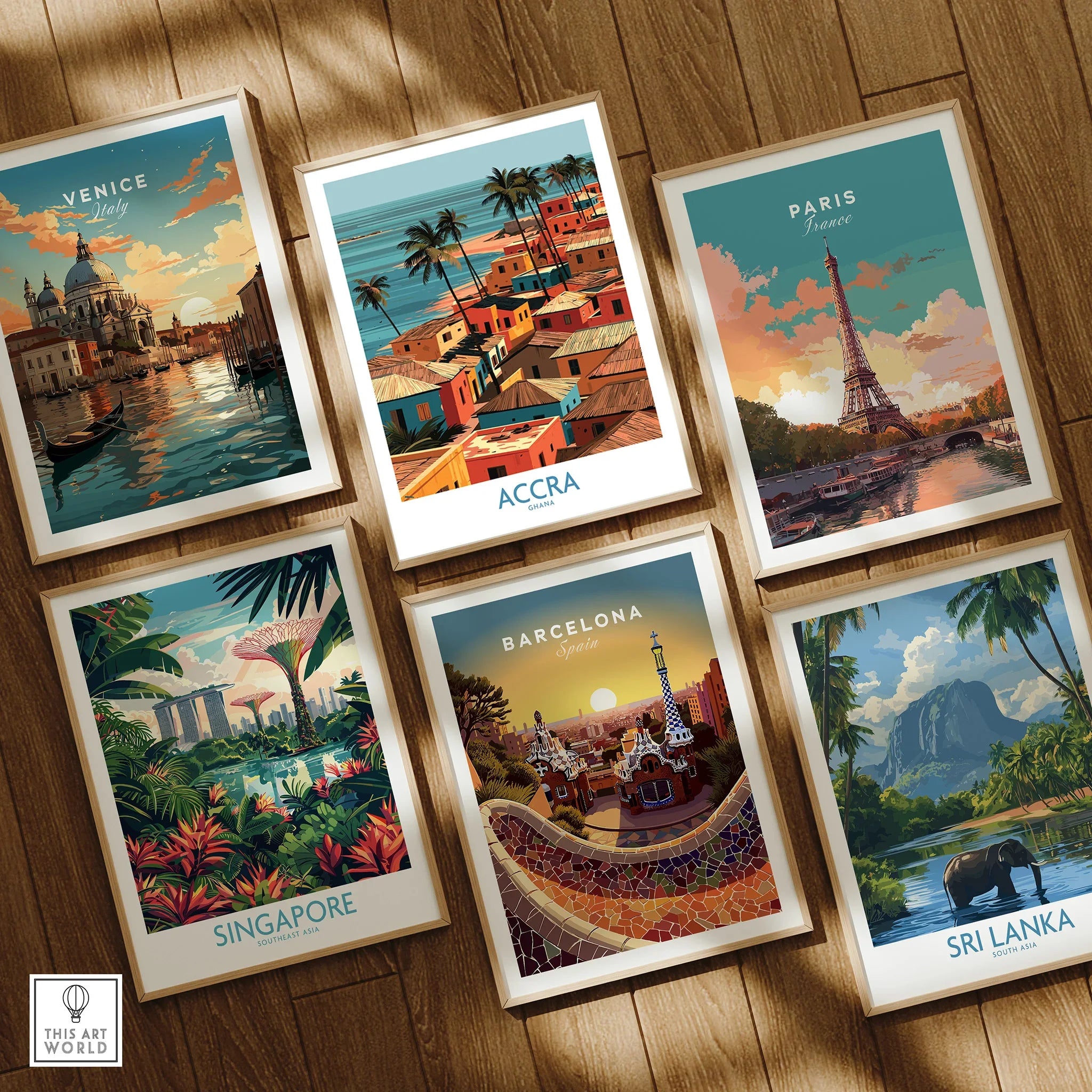 Accra Ghana Seaside Rooftops Wall Art — set six framed art prints wooden floor natural wood frames