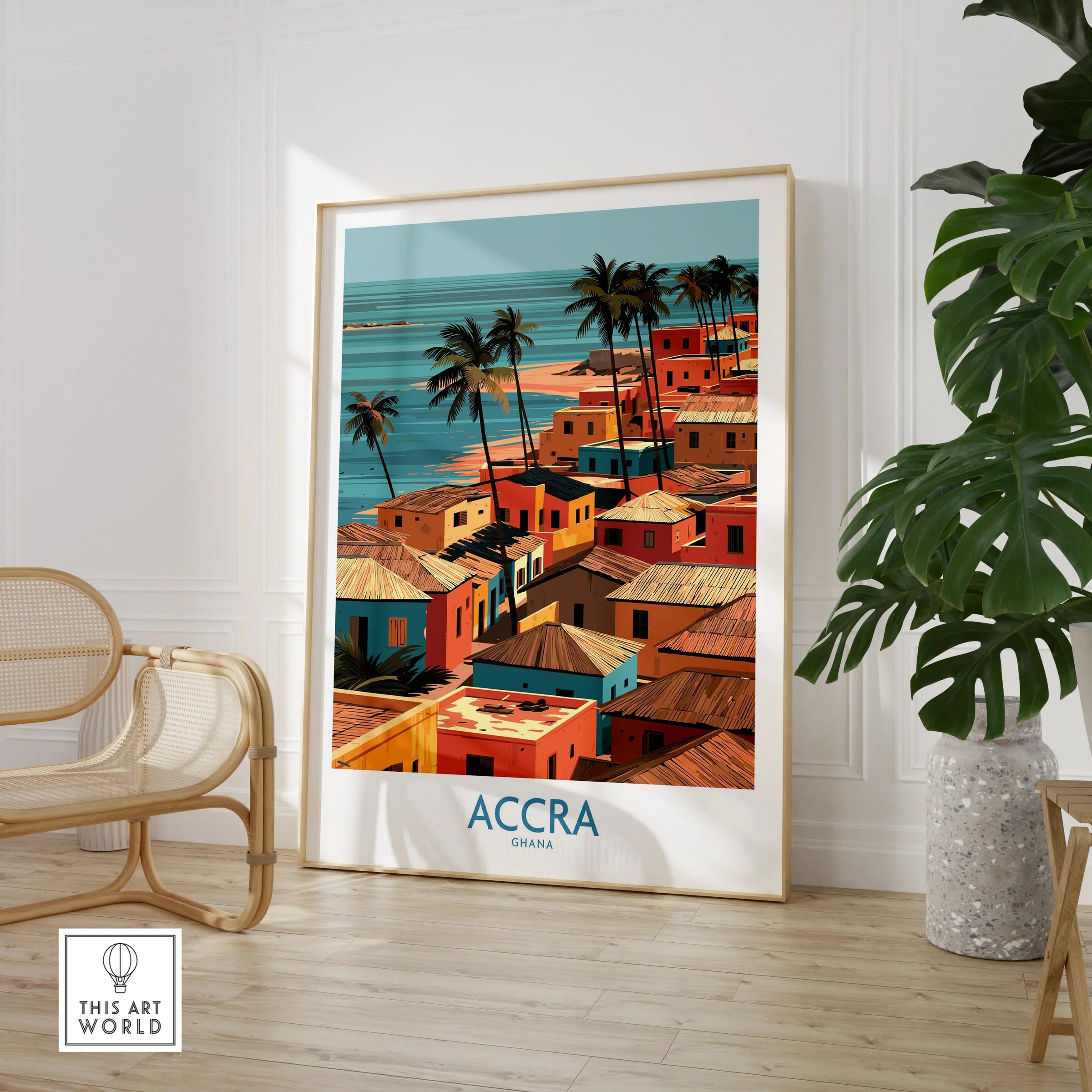 Accra Ghana Seaside Rooftops Wall Art — large framed print room setting chair plant