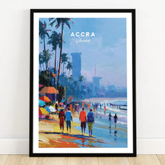 Accra Ghana Beach Promenade Travel Poster — art print in black frame on wooden floor