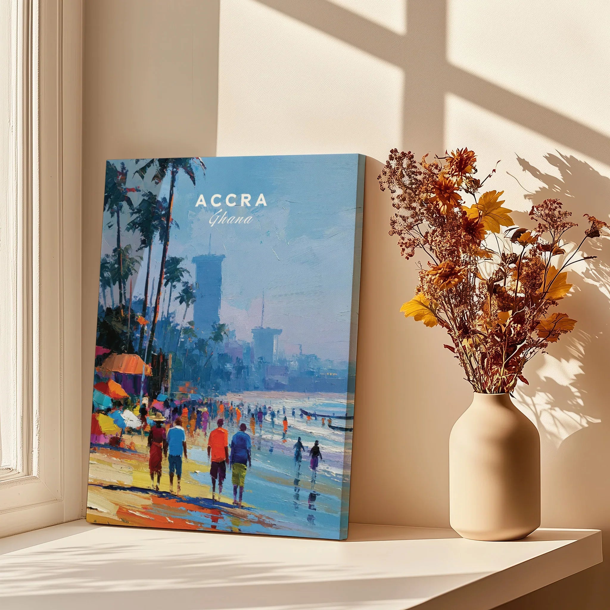 Accra Ghana Beach Promenade Travel Poster — canvas print window setting with shadows flowers