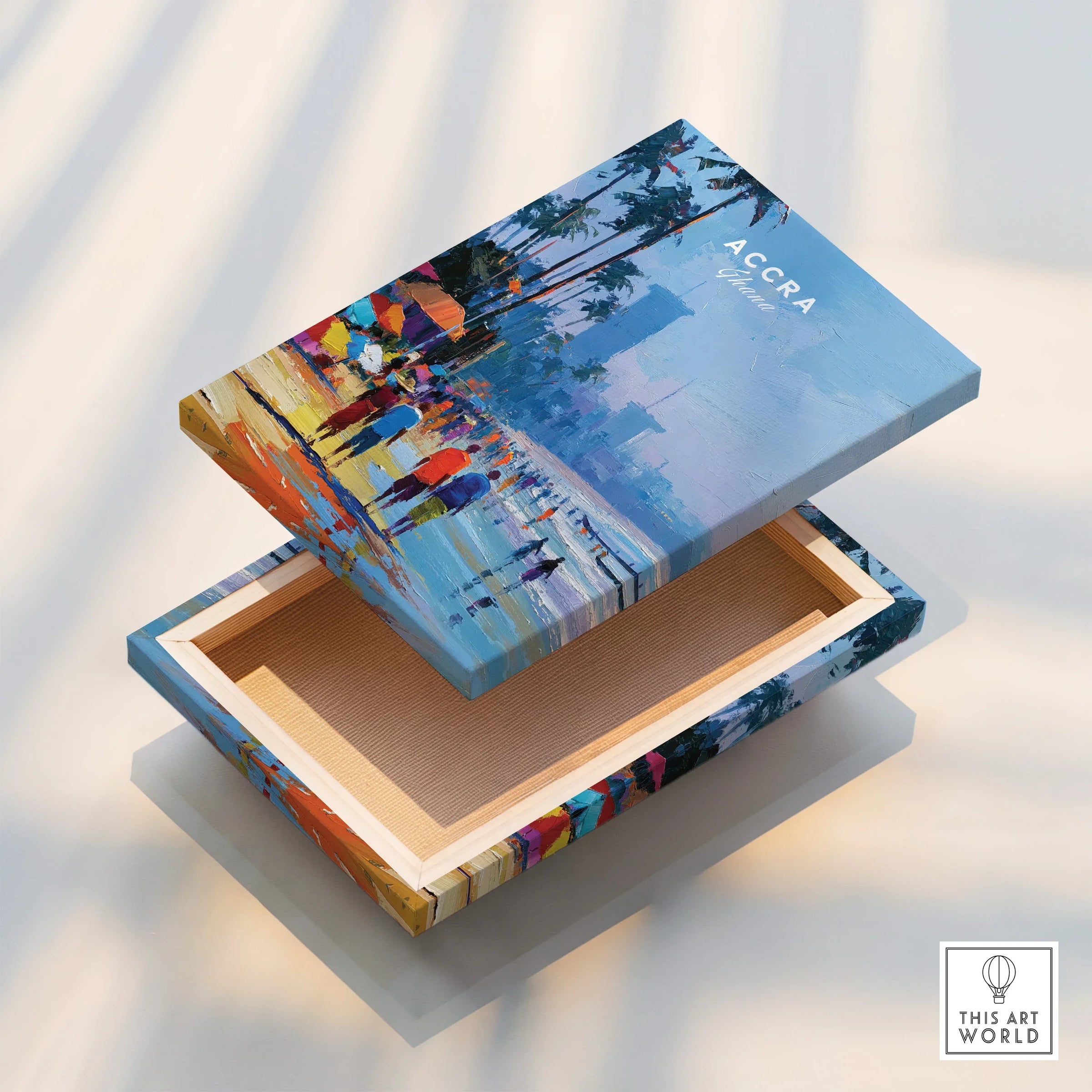 Accra Ghana Beach Promenade Travel Poster — stretched canvas print floating detail mirror edge