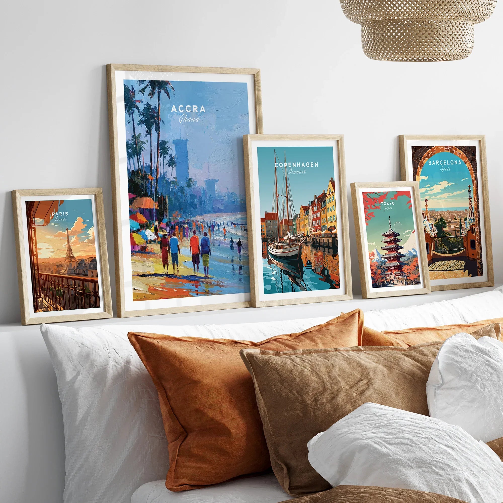Accra Ghana Beach Promenade Travel Poster — set five framed artprints above bed natural wood frames