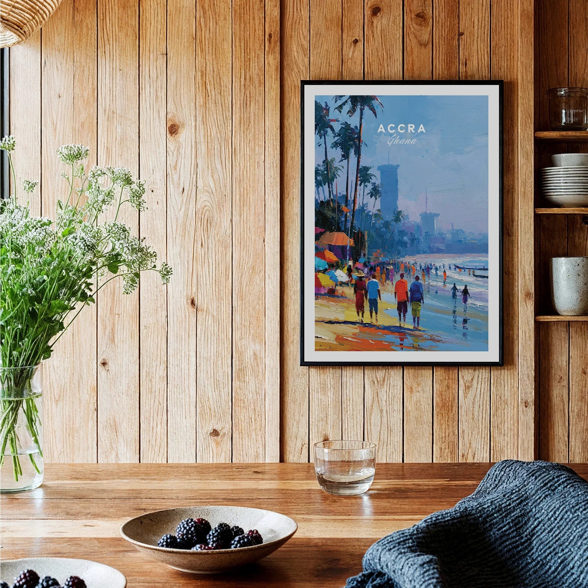 Accra Ghana Beach Promenade Travel Poster — black framed art print kitchen setting