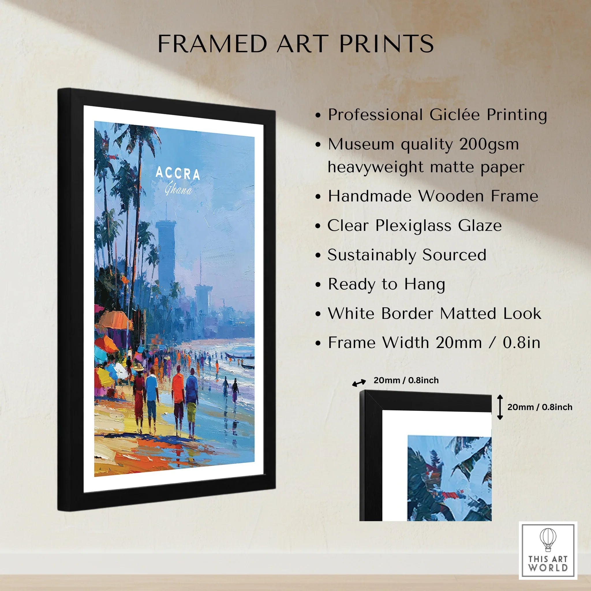 Accra Ghana Beach Promenade Travel Poster — framed print details measurements quality details