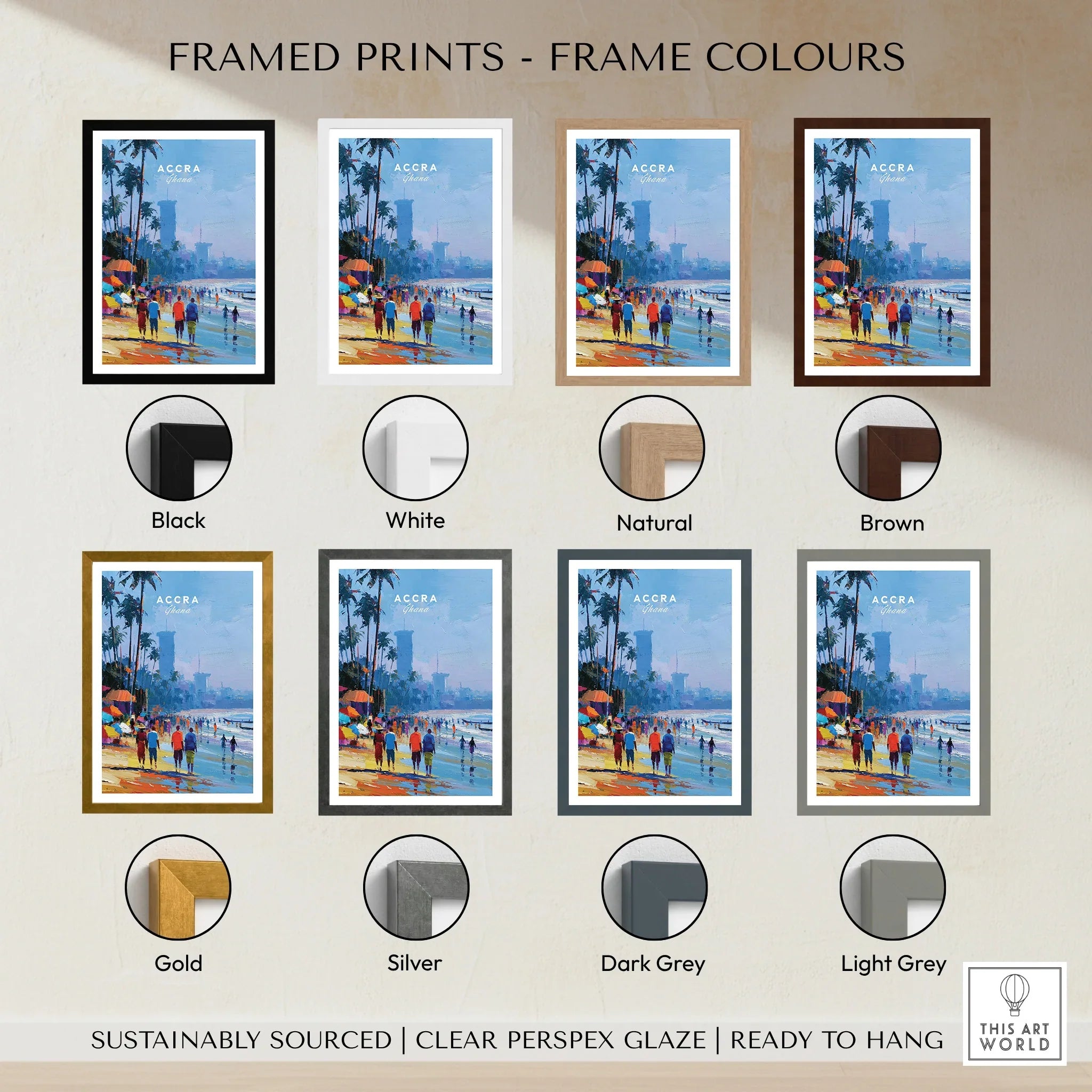 Accra Ghana Beach Promenade Travel Poster — framed print colour options