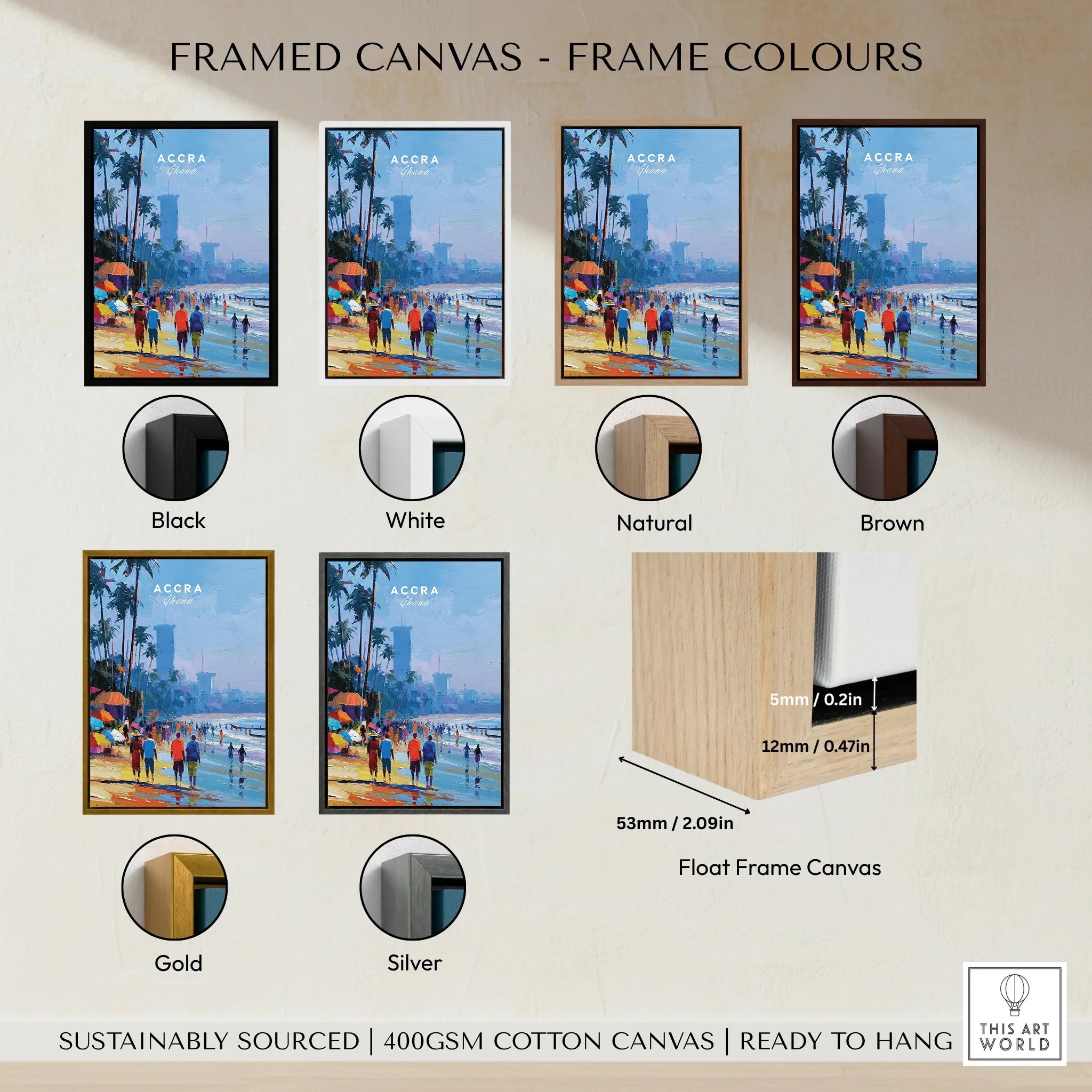 Accra Ghana Beach Promenade Travel Poster — framed canvas float frame colour options