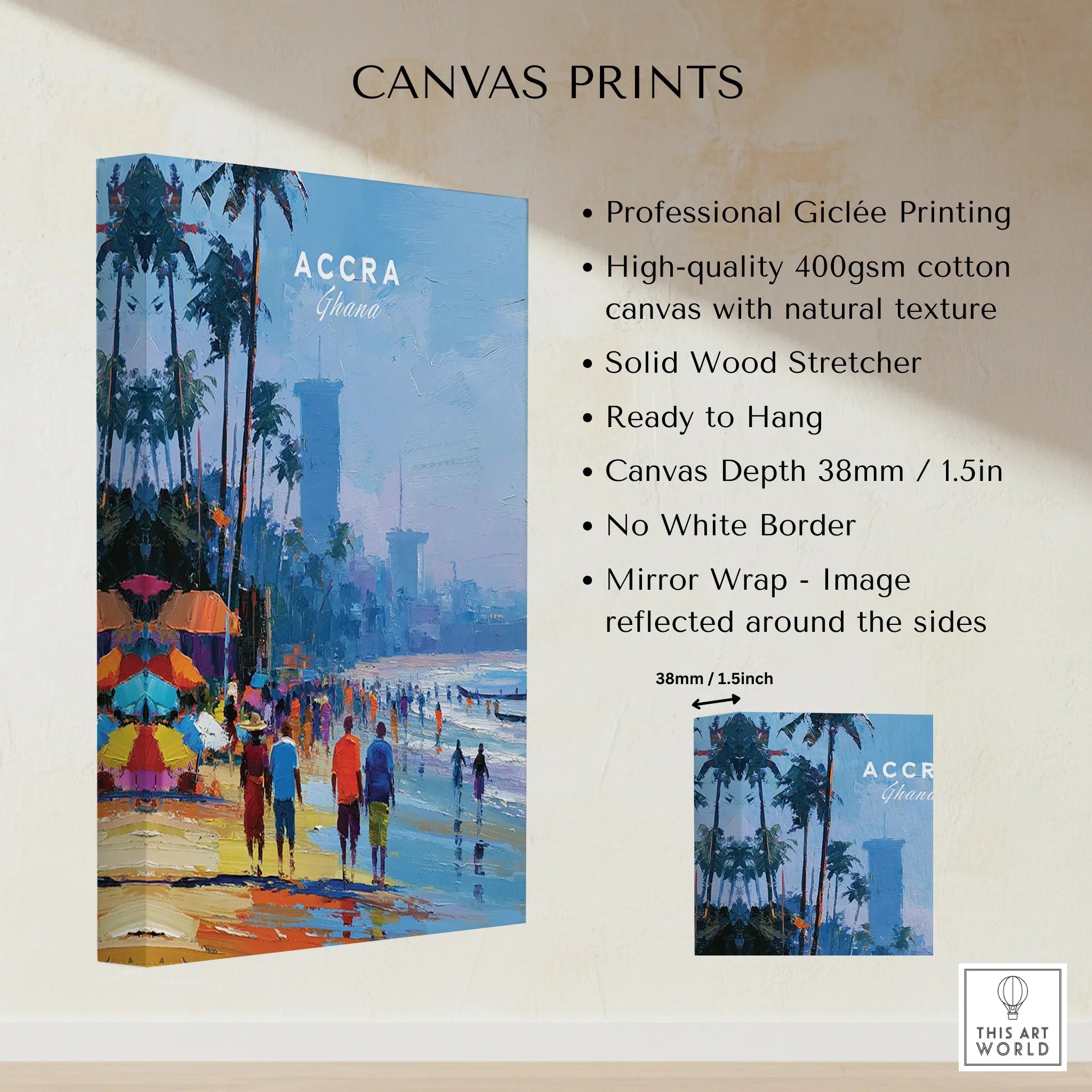 Accra Ghana Beach Promenade Travel Poster — canvas print stretched cotton canvas details