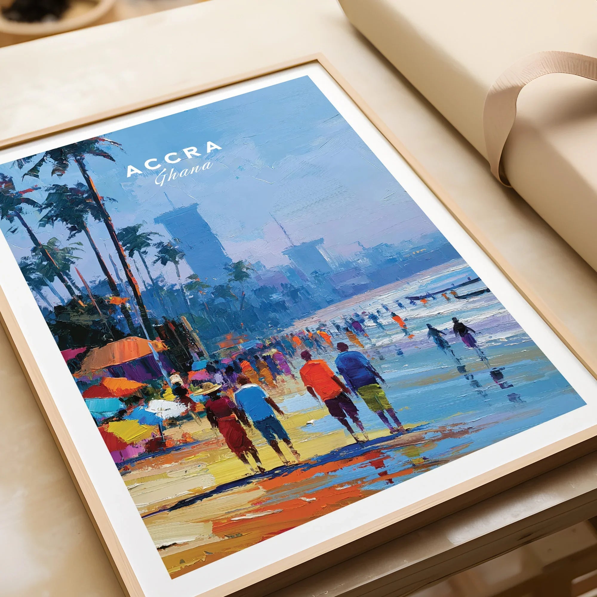 Accra Ghana Beach Promenade Travel Poster — framed art print closeup gift unwrapped natural frame