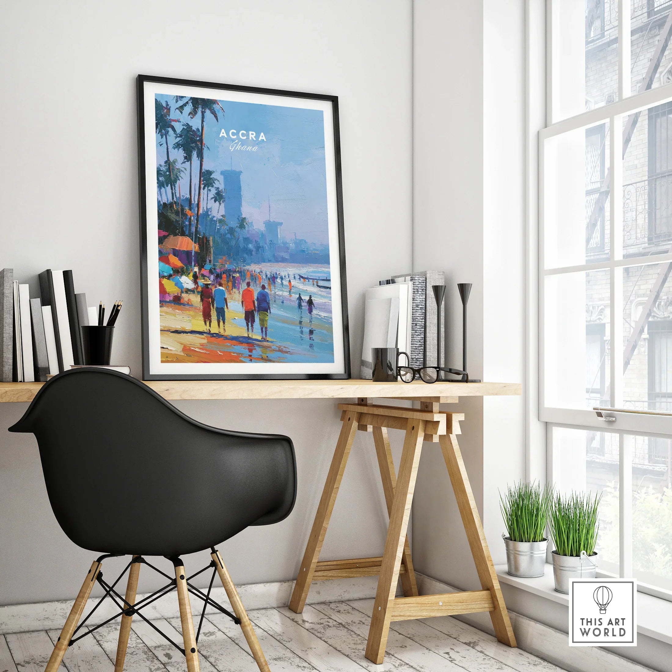 Accra Ghana Beach Promenade Travel Poster — framed poster black frame on office desk modern