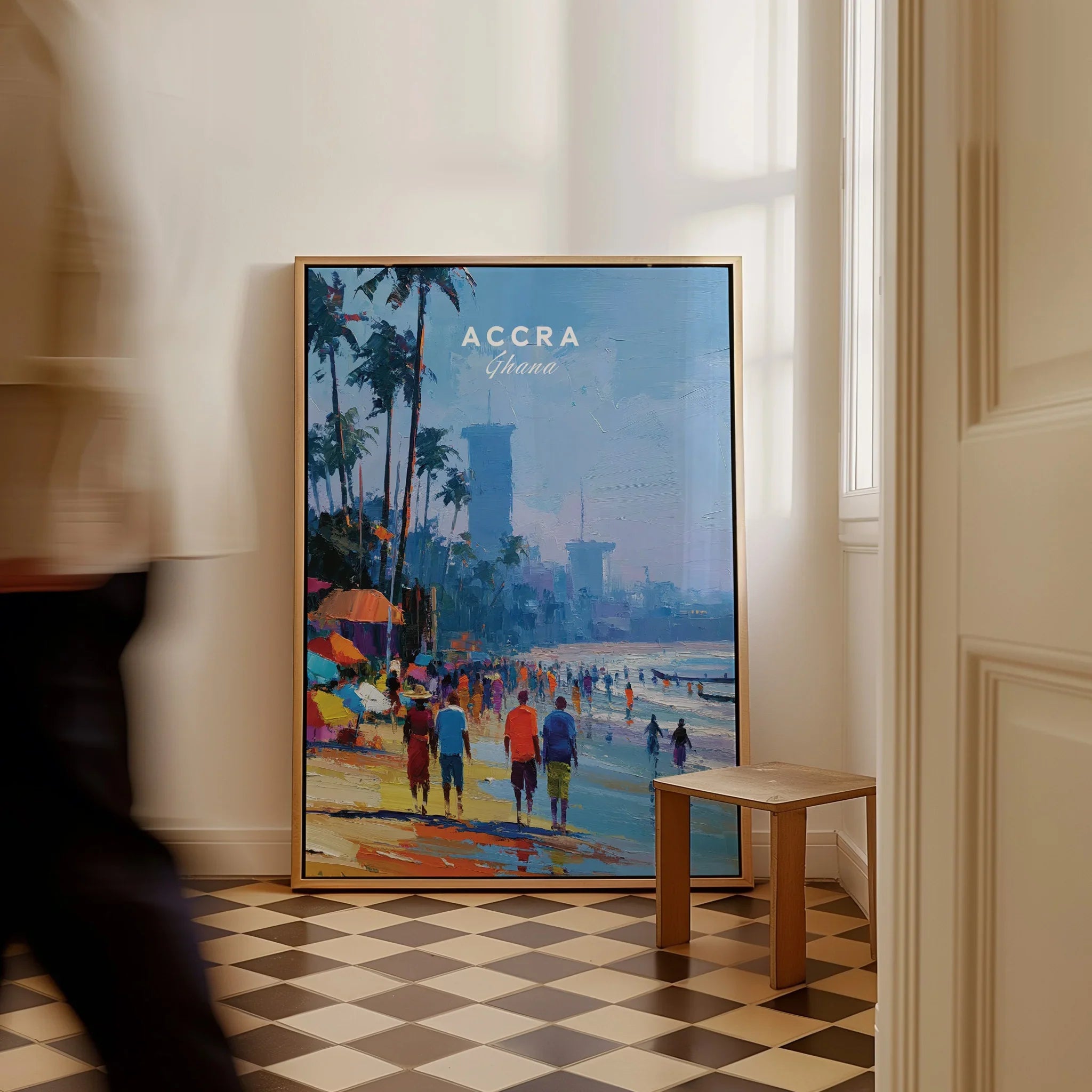 Accra Ghana Beach Promenade Travel Poster — framed canvas on floor man walking past