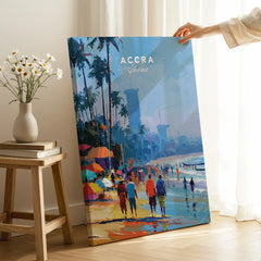 Accra Ghana Beach Promenade Travel Poster — canvas print mirror edge hand holding room setting