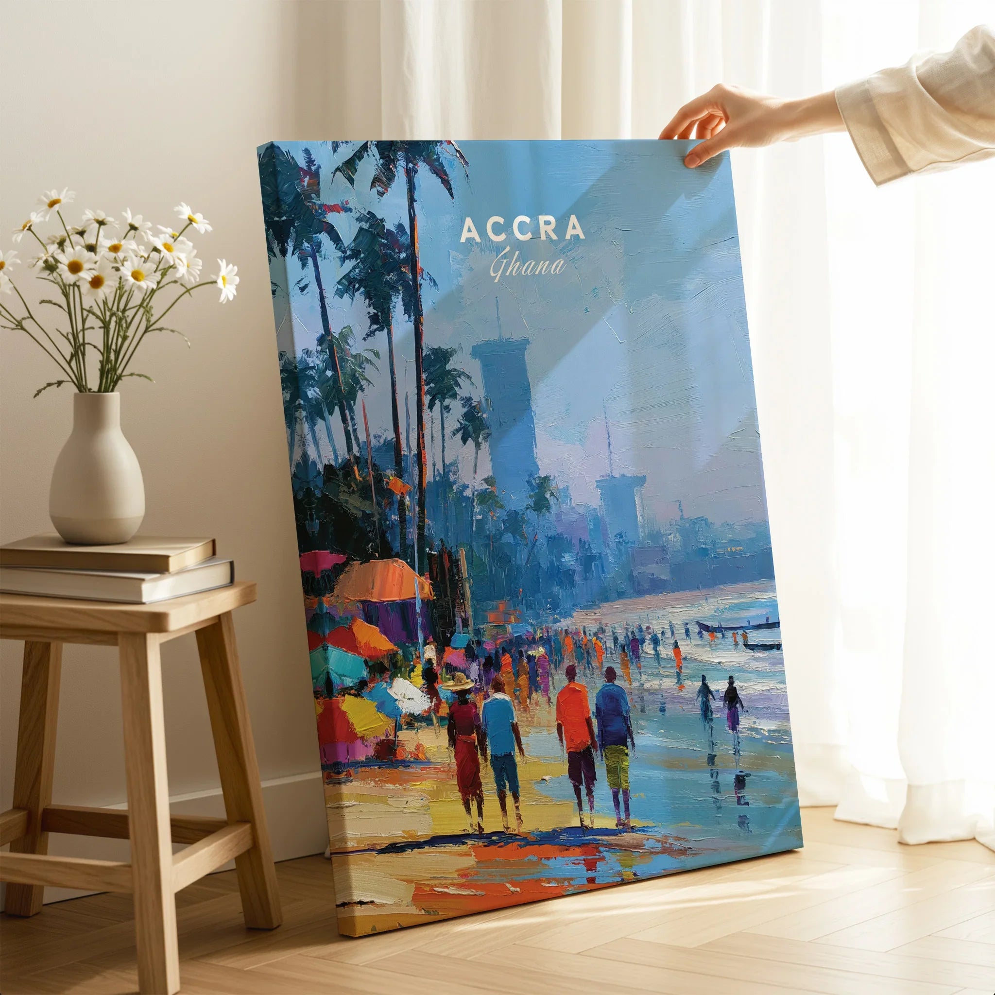 Accra Ghana Beach Promenade Travel Poster — canvas print mirror edge hand holding room setting