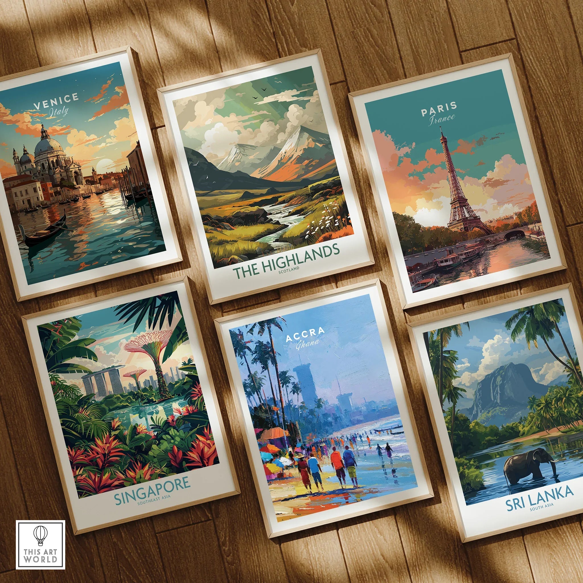 Accra Ghana Beach Promenade Travel Poster — set six framed art prints wooden floor natural wood frames