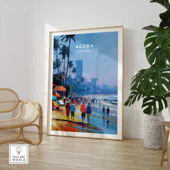 Accra Ghana Beach Promenade Travel Poster — large framed print room setting chair plant