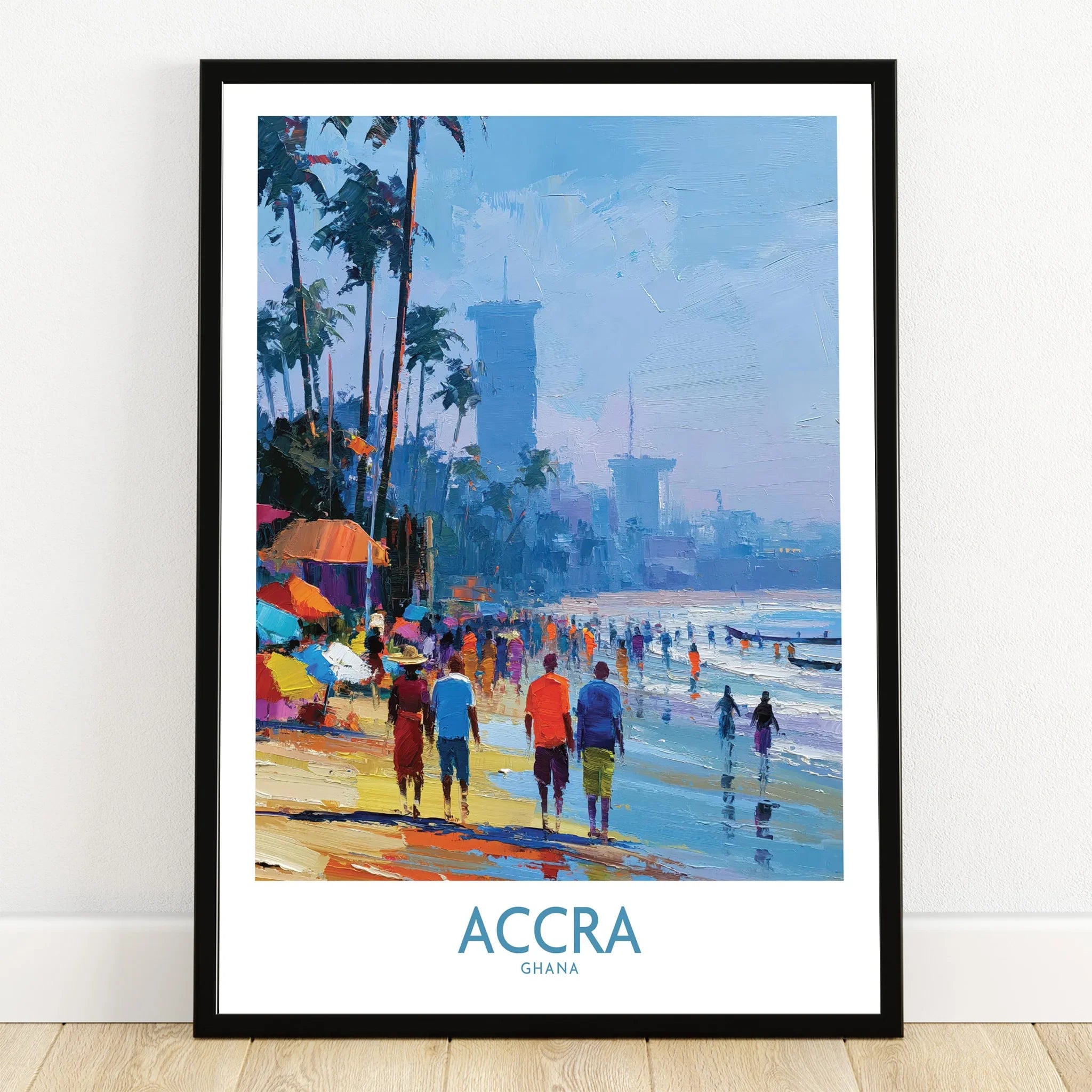 Accra Ghana Beach Walk Wall Art — art print in black frame on wooden floor