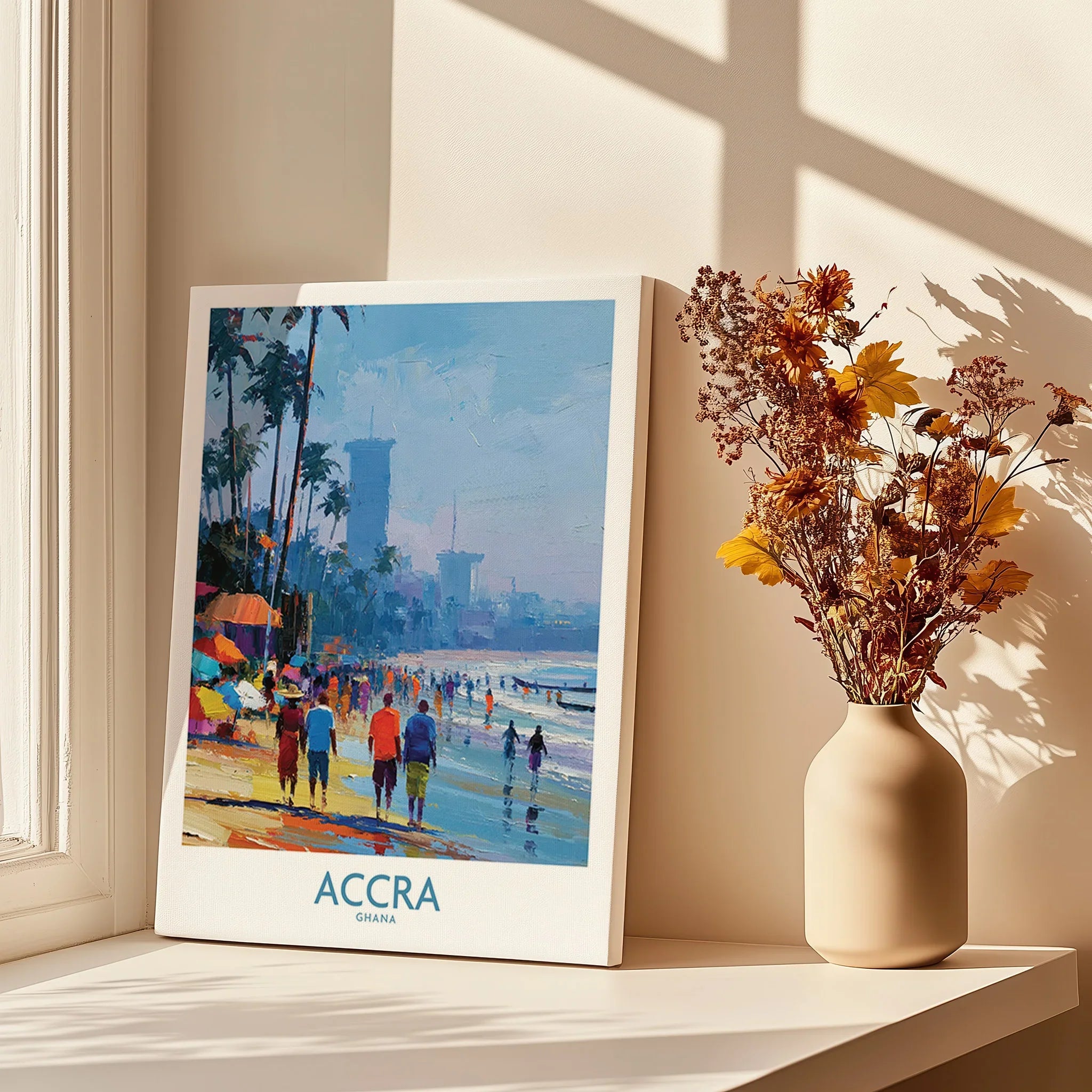 Accra Ghana Beach Walk Wall Art — canvas print window setting with shadows flowers