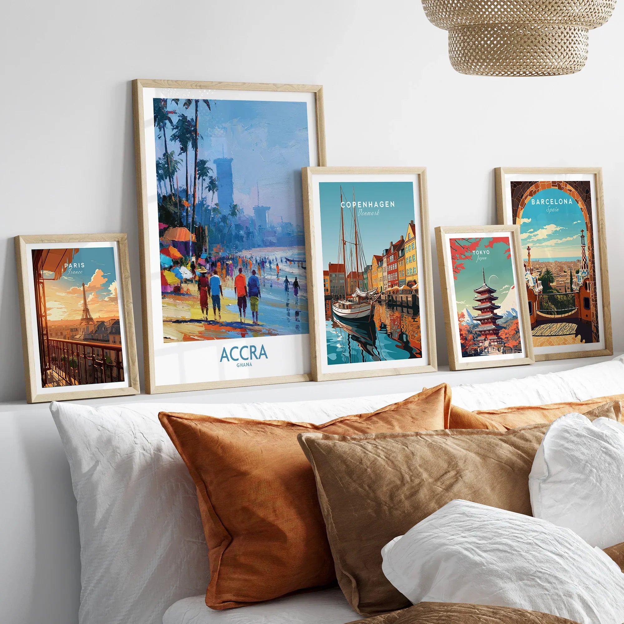 Accra Ghana Beach Walk Wall Art — set five framed artprints above bed natural wood frames
