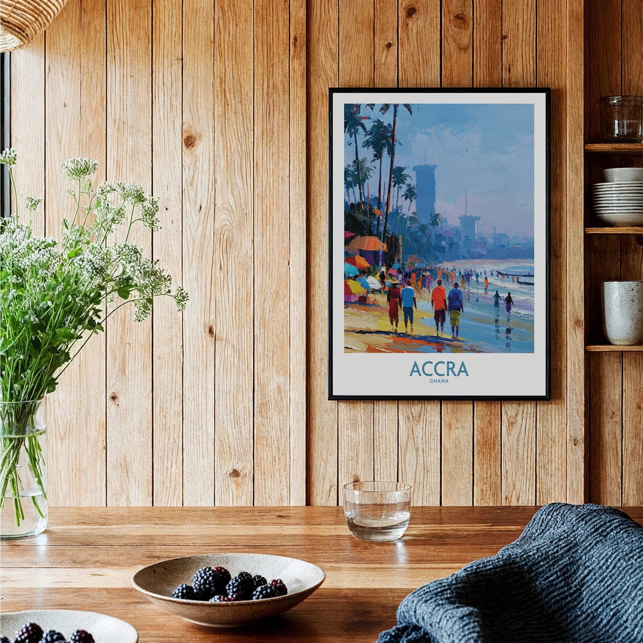 Accra Ghana Beach Walk Wall Art — black framed art print kitchen setting