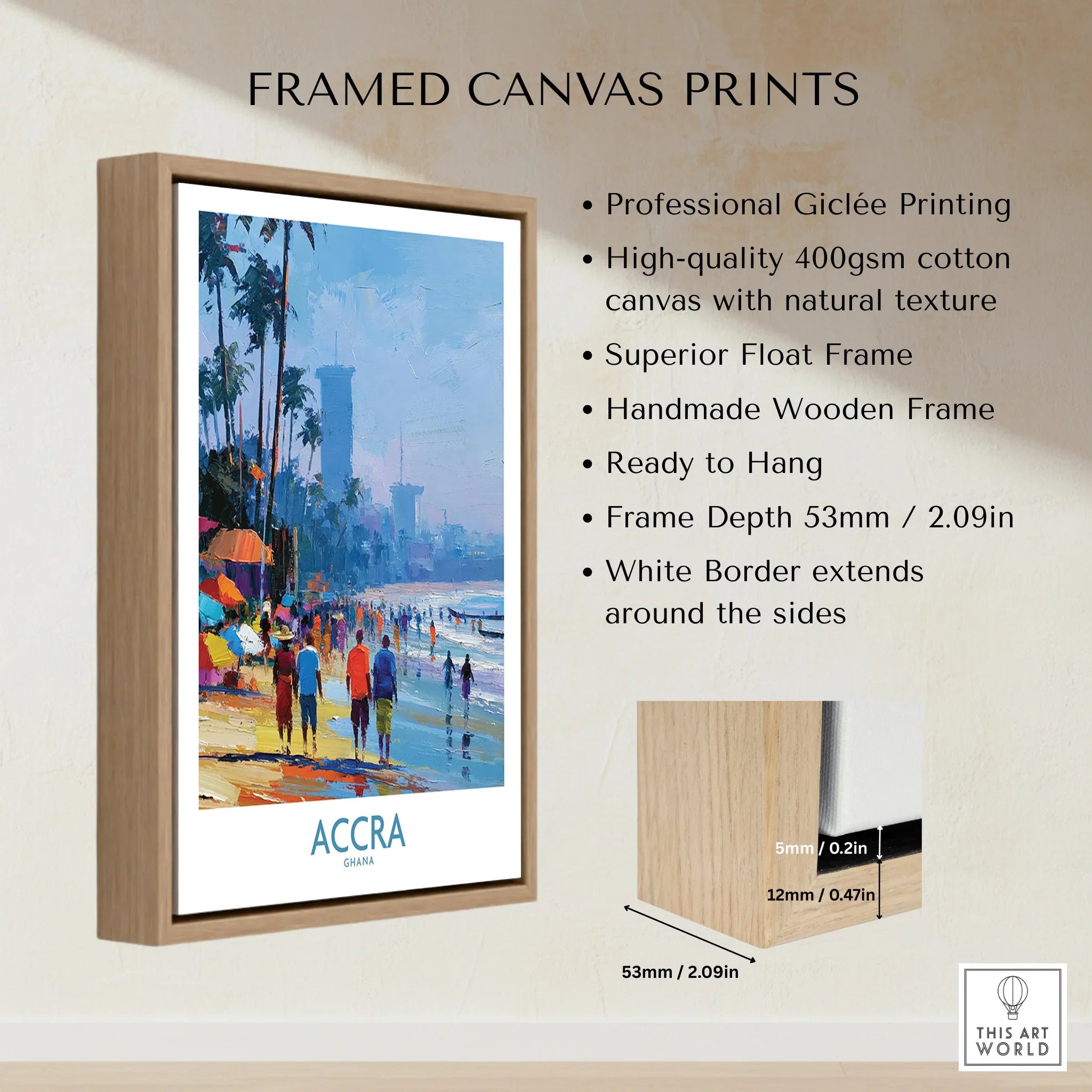 Accra Ghana Beach Walk Wall Art — framed canvas float frame details quality