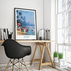 Accra Ghana Beach Walk Wall Art — framed poster black frame on office desk modern