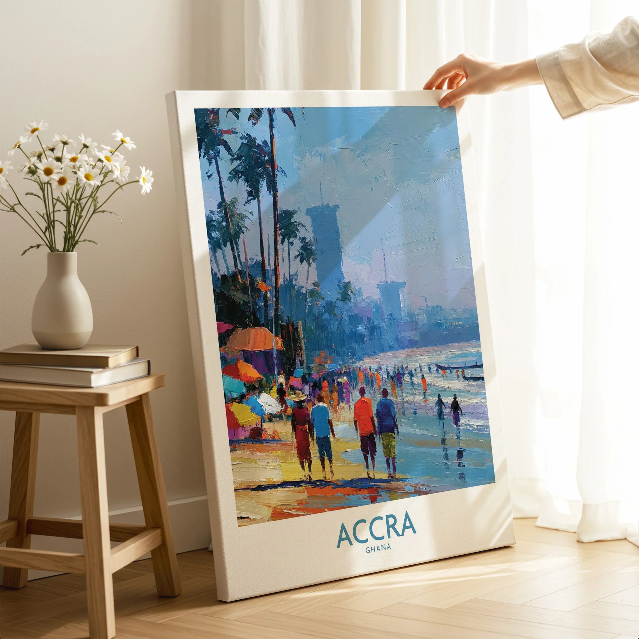 Accra Ghana Beach Walk Wall Art — canvas print mirror edge hand holding room setting