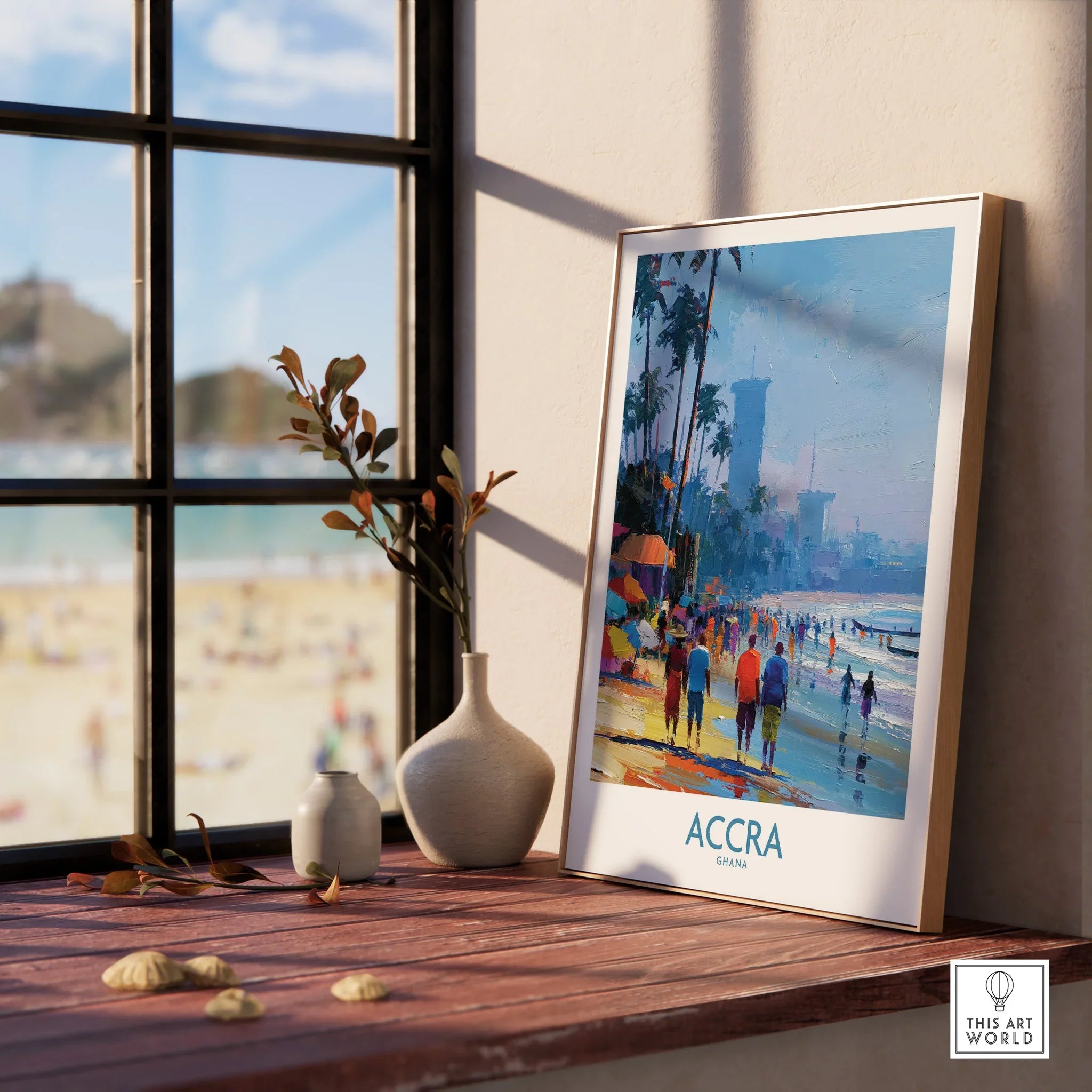 Accra Ghana Beach Walk Wall Art — framed print window view natural wood frame