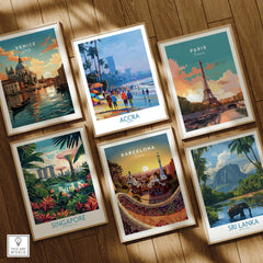 Accra Ghana Beach Walk Wall Art — set six framed art prints wooden floor natural wood frames