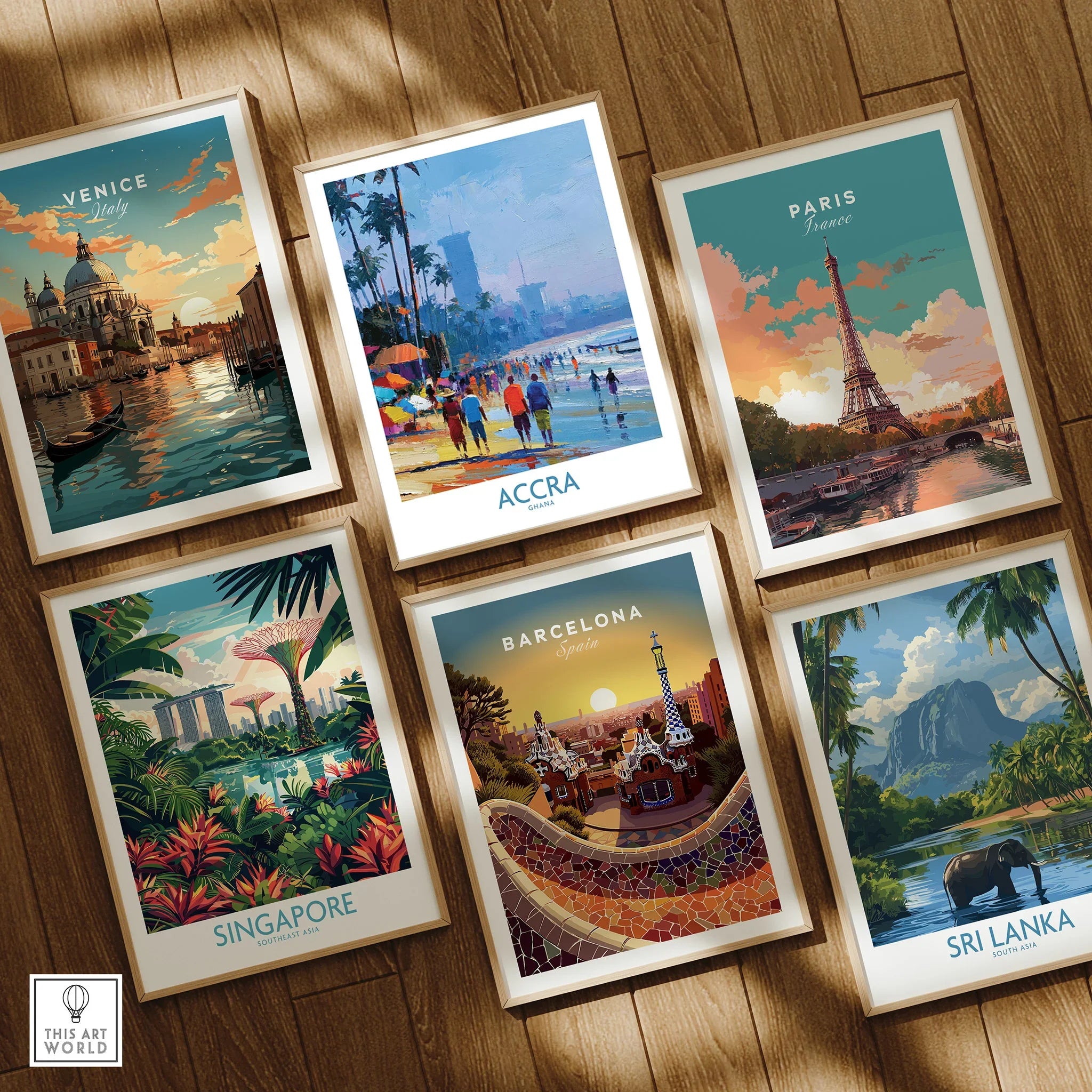 Accra Ghana Beach Walk Wall Art — set six framed art prints wooden floor natural wood frames