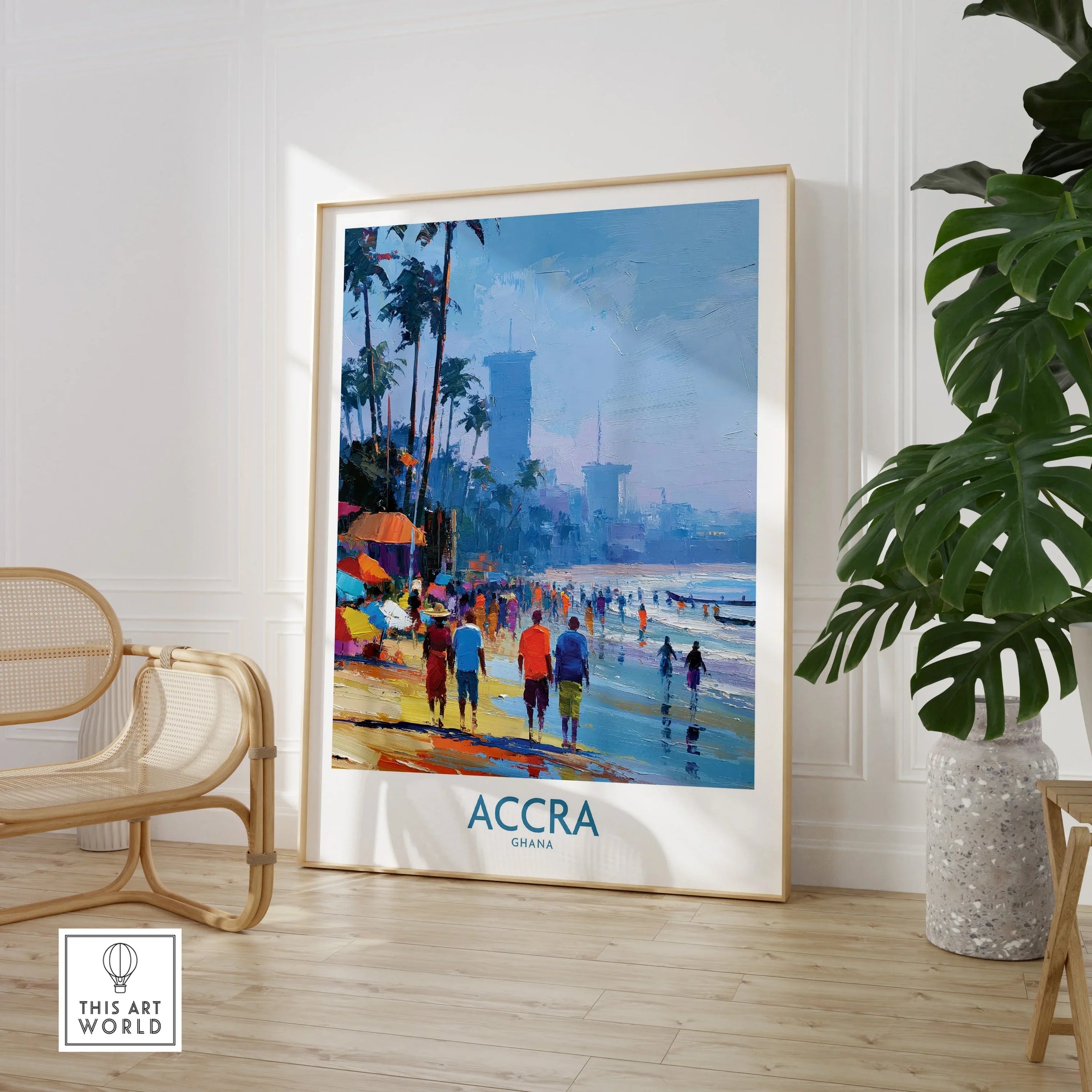 Accra Ghana Beach Walk Wall Art — large framed print room setting chair plant