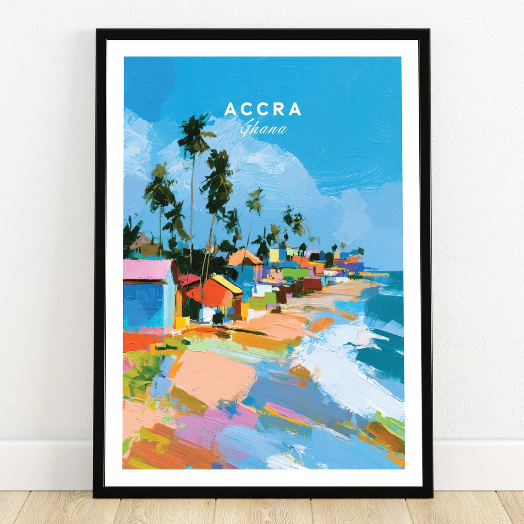 Accra Ghana Beach Huts Travel Poster — art print in black frame on wooden floor