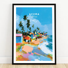 Accra Ghana Beach Huts Travel Poster — art print in black frame on wooden floor