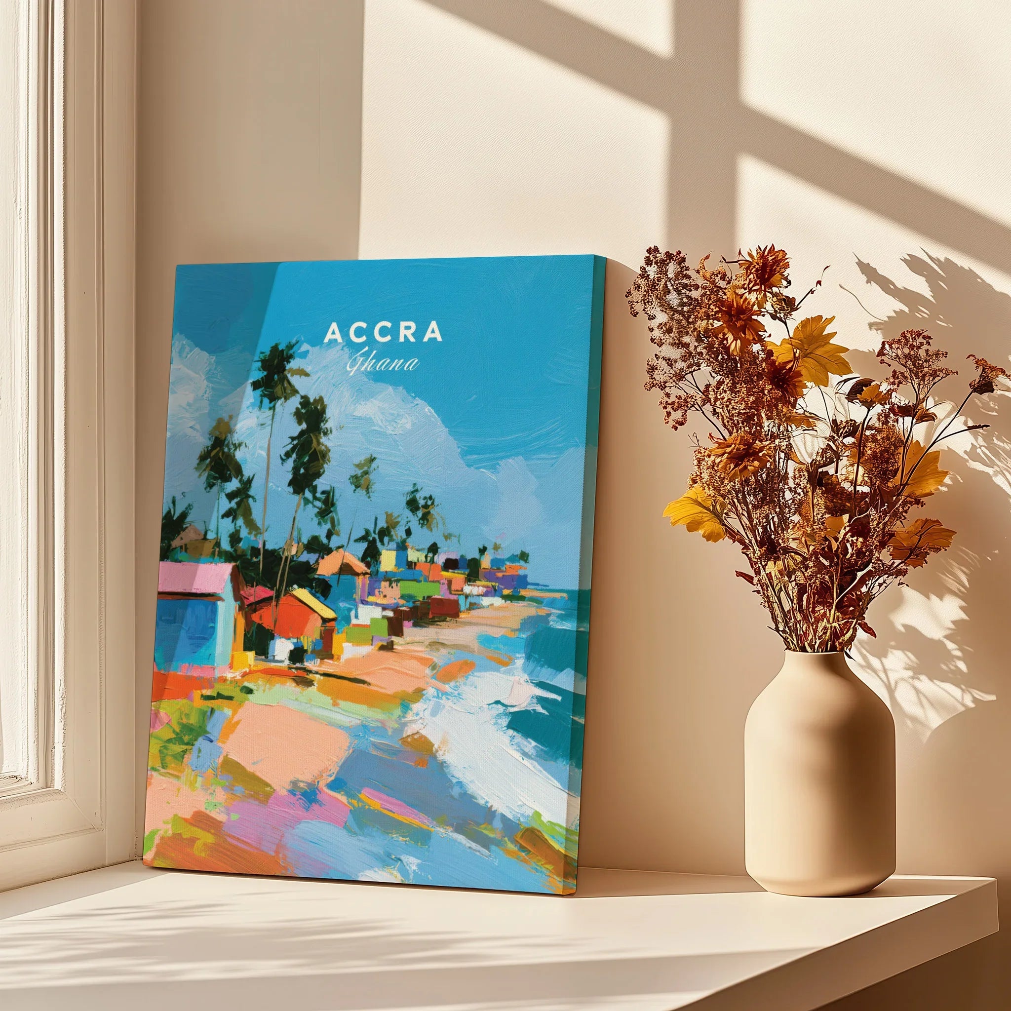 Accra Ghana Beach Huts Travel Poster — canvas print window setting with shadows flowers