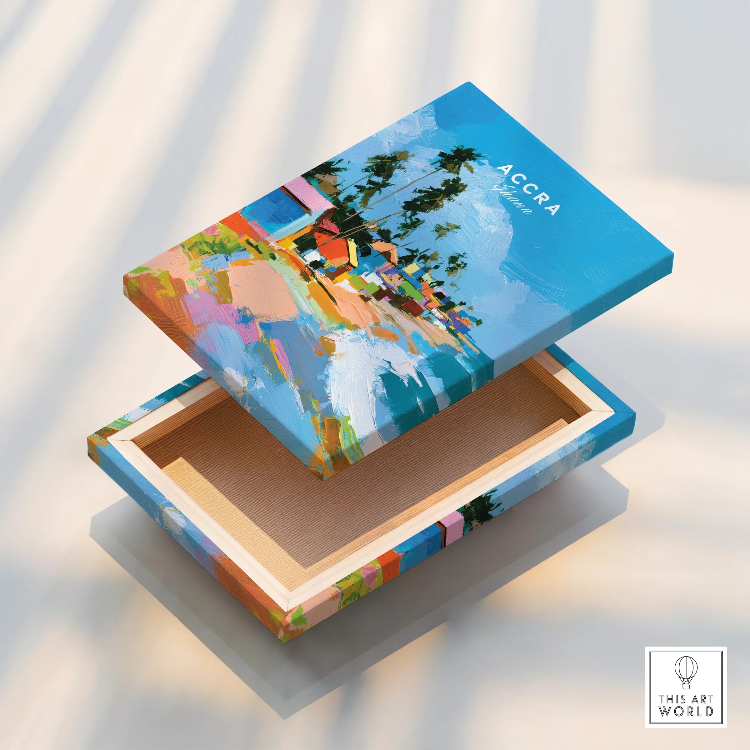 Accra Ghana Beach Huts Travel Poster — stretched canvas print floating detail mirror edge