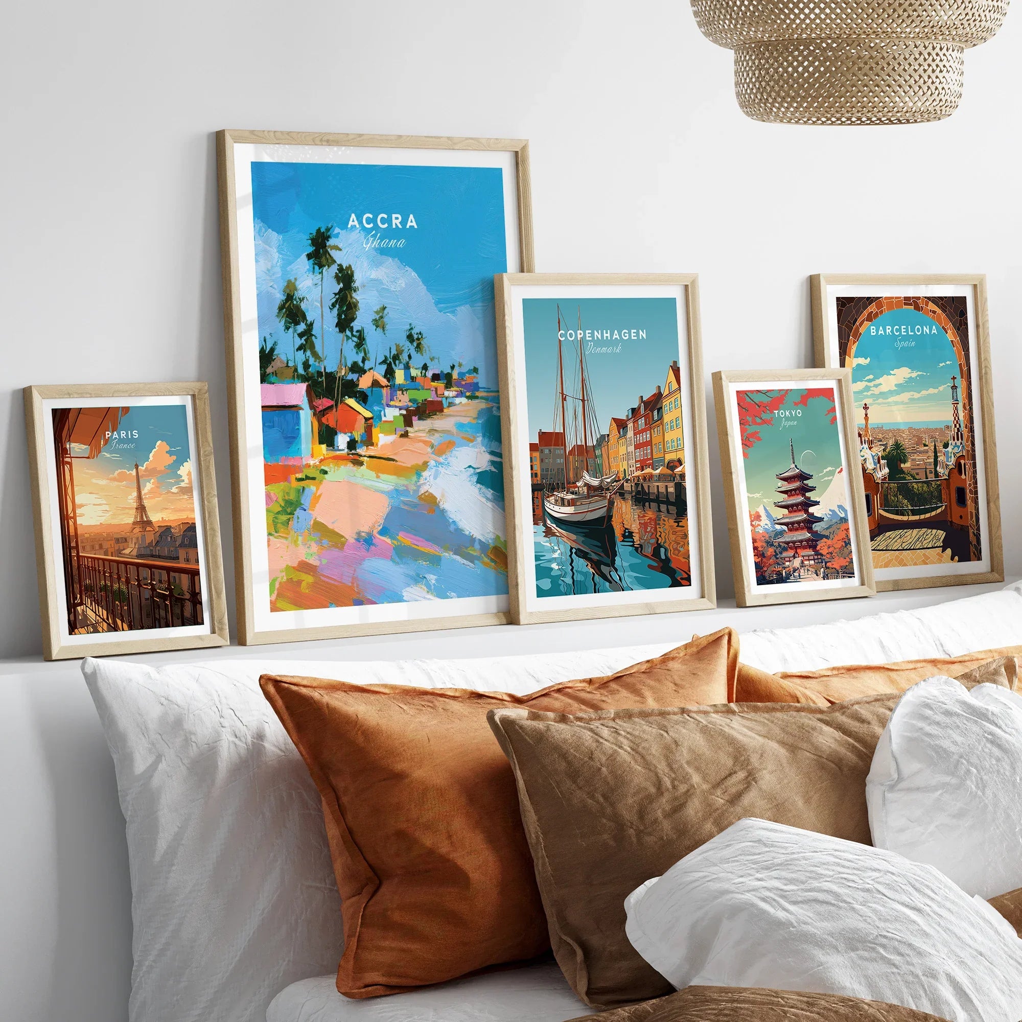 Accra Ghana Beach Huts Travel Poster — set five framed artprints above bed natural wood frames