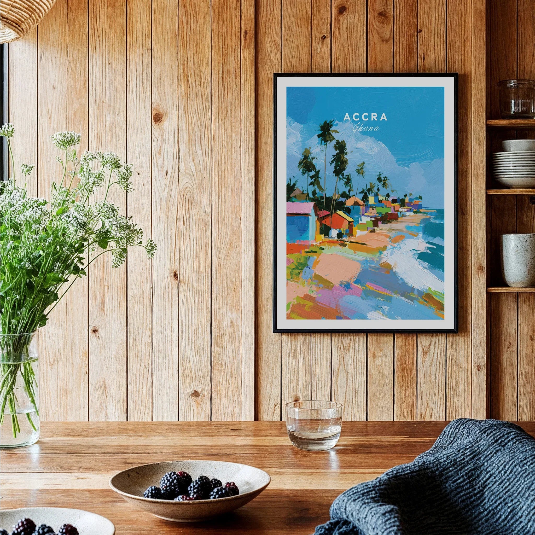 Accra Ghana Beach Huts Travel Poster — black framed art print kitchen setting