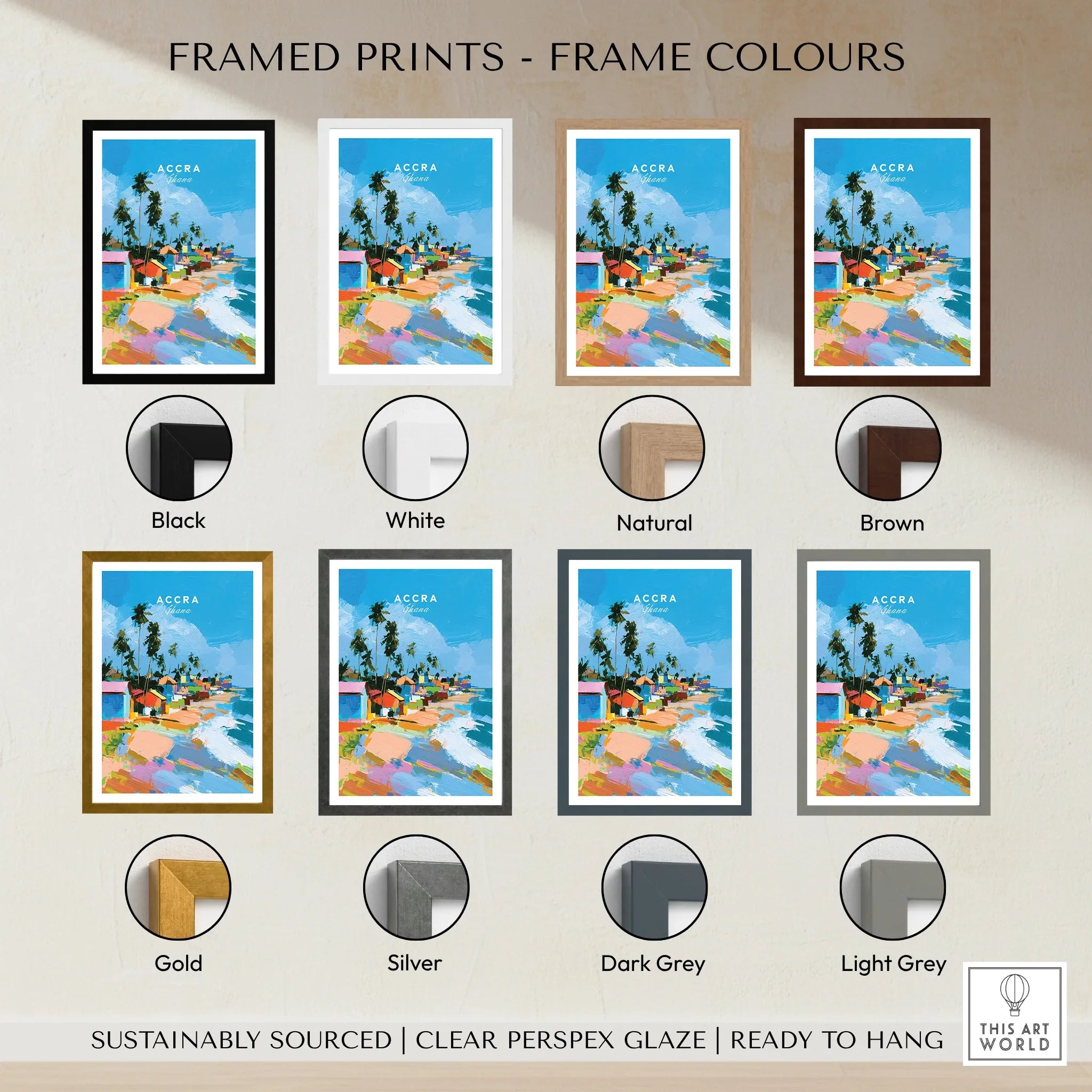 Accra Ghana Beach Huts Travel Poster — framed print colour options