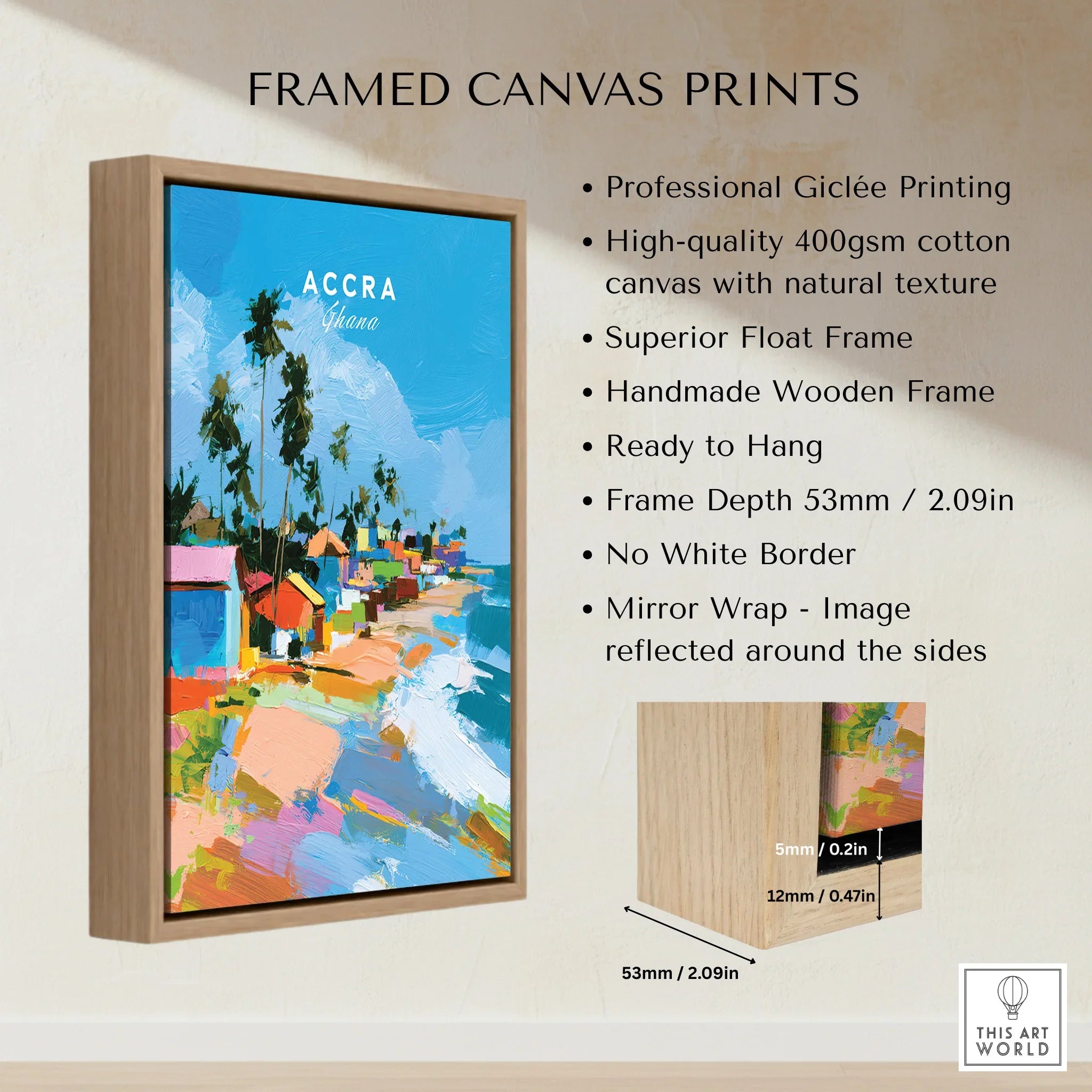 Accra Ghana Beach Huts Travel Poster — framed canvas float frame details quality