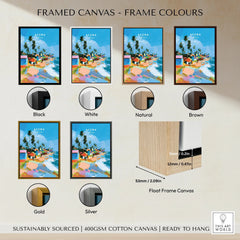 Accra Ghana Beach Huts Travel Poster — framed canvas float frame colour options